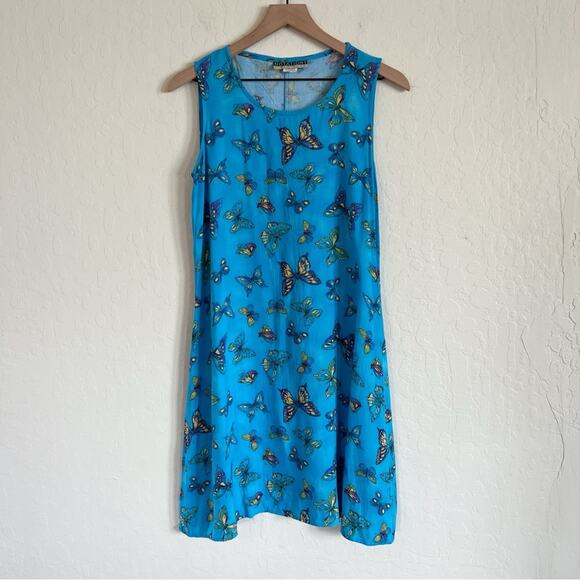 Vintage 90s Notations Clothing Co Sleeveless Dress Small Blue Butterfly Print - Picture 1 of 6